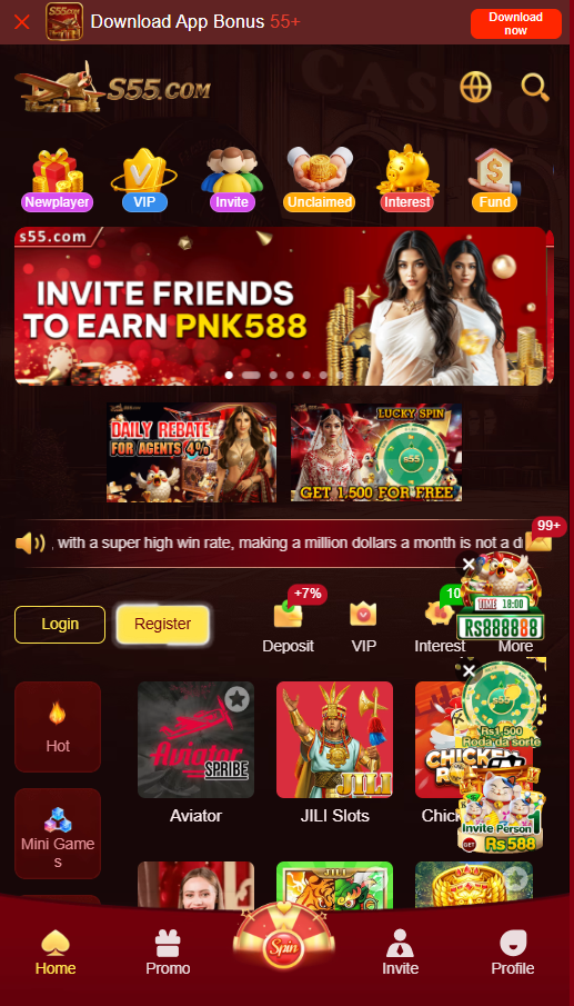 S55 mobile lobby with Download App Bonus, Login and Register buttons